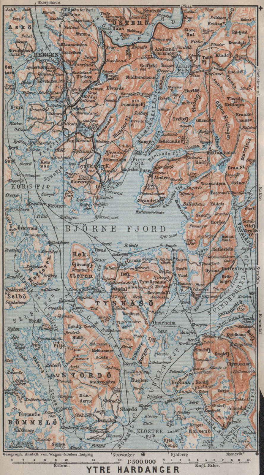 OUTER HARDANGERFJORD topo-map. Bergen Stordo. Norway kart. BAEDEKER 1912